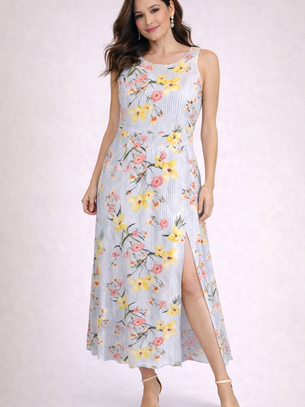 CeCe Sleeveless Floral Stripe Maxi Dress - Blue/Yellow/Pink